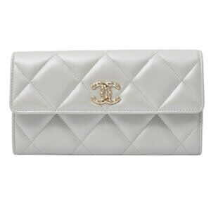 CHANEL Authentic Gray Lambskin Leather Logo Wallet
